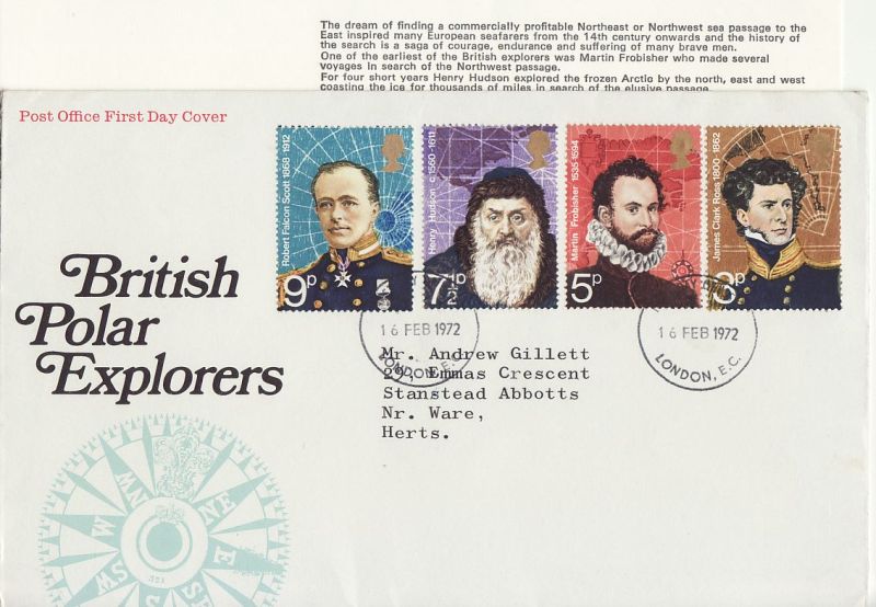 1972 British Polar Explorers Stamps First Day Cover