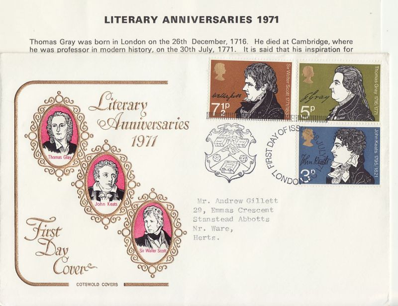 1971 Literary Anniversaries Stamps First Day Cover