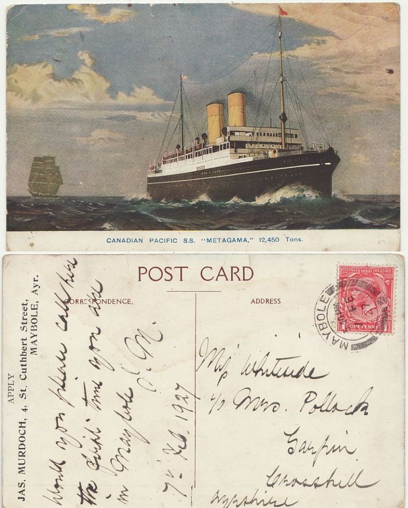 1927 Canadian Pacific SS Metagama Postcard