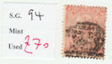 1865-67 QV SG94 4d vermilion pl 8 used stamp (qvb45)